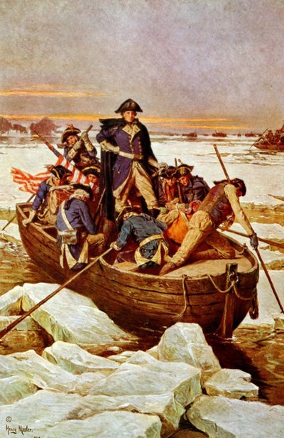 George Washington Crossing the Delaware River“, 25. prosince 1776. Incident v revoluční válce 1775-1783 (americká válka za nezávislost), kdy byl George Washington (1732-1799) vrchním velitelem americké armády. Ilustrace c1912. od Henry Mosler