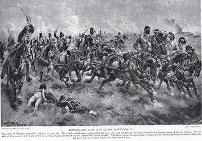 Uvedení zbraní do akce, Waterloo, ilustrace z „Hutchinsonova příběhu britského národa“ od Henry Payne