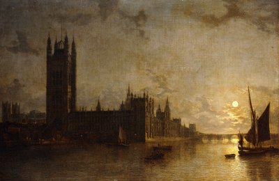 Westminsterské opatství, budovy parlamentu s výstavbou Westminsterského mostu, 1859 od Henry Pether