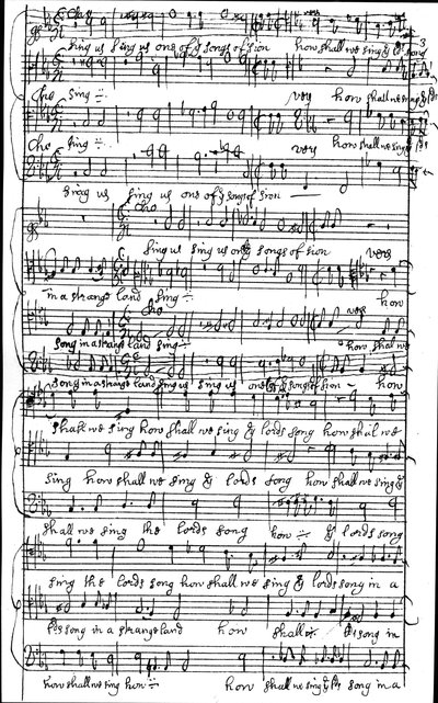 Autogram rukopisu partitury k žalmu 137 Jak budeme zpívat píseň pánů v cizí zemi, před rokem 1683 od Henry Purcell