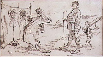 Rušení golfisty prodavačem, ilustrace do časopisu Graphic, hospoda. c, 1870 od Henry Sandercock