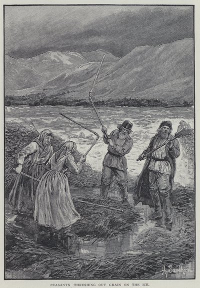Rolníci mlátí obilí na ledu (litho) od Henry Sandham