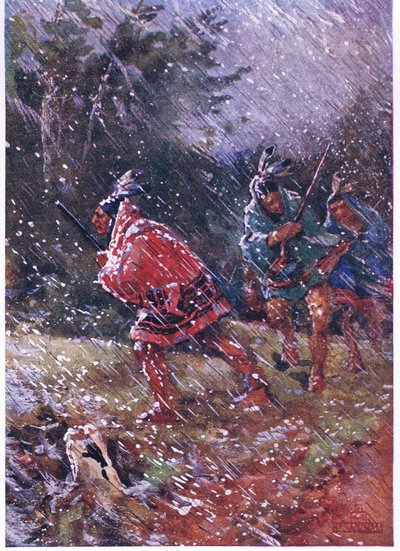Rudí indiáni loví ve sněhové bouři od Henry Sandham