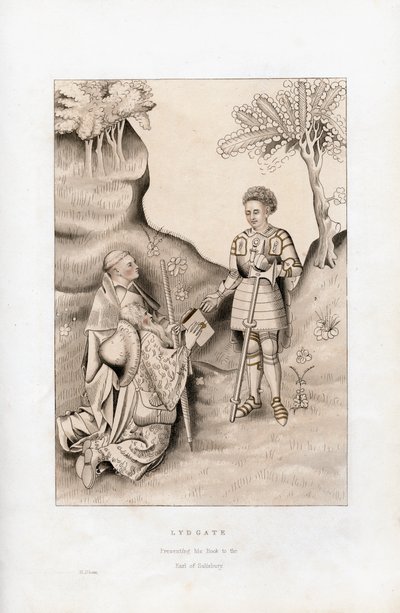 Lydgate představuje svou knihu hraběti ze Salisbury, 1426, 1843. od Henry Shaw
