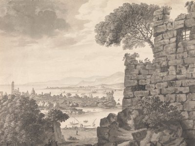 Krajina s ruinami v popředí, přístav a vesnice, v pozadí od Henry Swinburne
