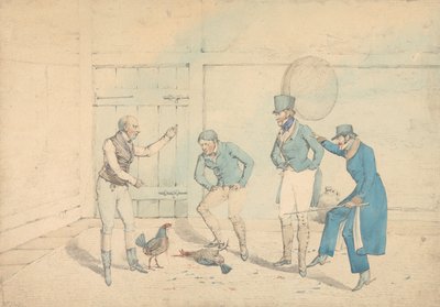 Kohoutí zápas sledovaný čtyřmi muži ve vedlejší budově: Smrt, vyryto jako tabule 40 v „The National Sports of Great Britain“ od Henry Thomas Alken