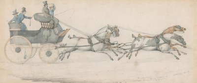 Gentleman řídící čtyřspřeží před poštovním faetonem, doprovázený třemi stájníky od Henry Thomas Alken