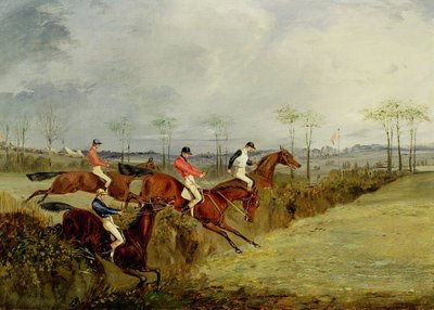Steeplechase, přebírání živého plotu a příkopu od Henry Thomas Alken
