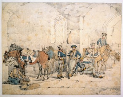 Husaři na poloostrově, možná 1. husaři, královská německá legie, circa 1808 od Henry Thomas Alken