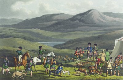 Sportovní setkání na Vysočině, akvatinovaný I. Clarkem, hospoda. Thomas McLean, 1820, (akvatinta) od Henry Thomas Alken
