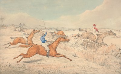 Překážkový dostih: čtyři jezdci překonávají příkop a oxer od Henry Thomas Alken