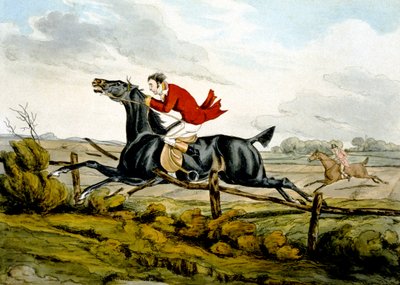 Přímo přes plot, od „kvalifikovaných koní a nekvalifikovaných jezdců“ od Henry Thomas Alken