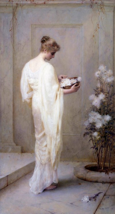 "Divinely Fair" Mladá žena oblečená v bílém a s květinami v rukou, které symbolizují čistotu. Obraz Henryho Thomase Schaefera (1845-1915) 1893 (předrafaelit) Soukromá sbírka od Henry Thomas Schaefer