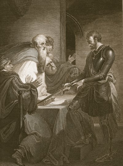 Hrabě Warenne zdůvodňuje vlastnictví svých statků, vyryl J. Fittler, ilustrace z knihy Davida Huma "The History of England", vydal R. Bowyer, Londýn, 1812. od Henry Tresham