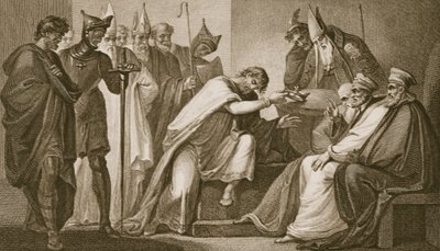 Edward II rezignující na svou korunu, rytý Schiavonelli, ilustrace z Davida Huma 