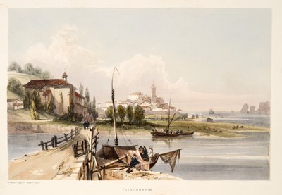 Fontarabia, s klášterem a mostem Capauchinos, z Náčrtů scenérie v baskických provinciích Španělska, s výběrem národní hudby?, hospoda. 1838 (ručně kolorovaná rytina) od Henry Wilkinson