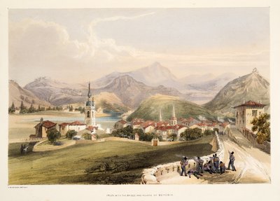 Irun, s horou San Martial a mostem Capauchinos, z Náčrtů scenérie v baskických provinciích Španělska, s výběrem národní hudby?, hospoda. 1838 (ručně kolorovaná rytina) od Henry Wilkinson