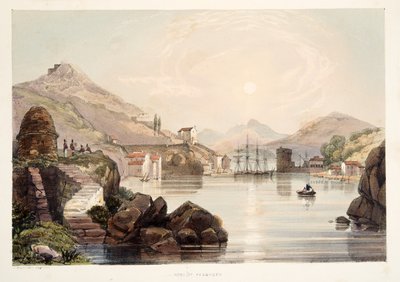 Port of Passages, z náčrtů scenérie v baskických provinciích Španělska, s výběrem národní hudby?, hospoda. 1838 (ručně kolorovaná rytina) od Henry Wilkinson