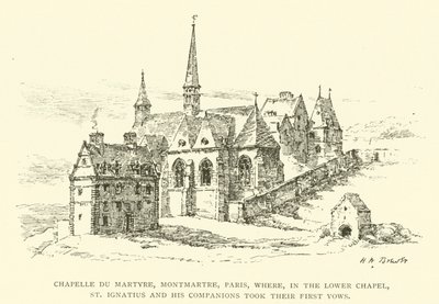 Chapelle du Martyre, Montmartre, Paříž, kde v Dolní kapli sv. Ignác a jeho společníci složili své první sliby (rytina) od Henry William Brewer