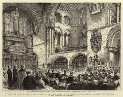 H R H princ z Walesu při znovuotevření severní příčné lodi kostela svatého Bartoloměje Velikého, West Smithfield, arcibiskupem z Canterbury od Henry William Brewer