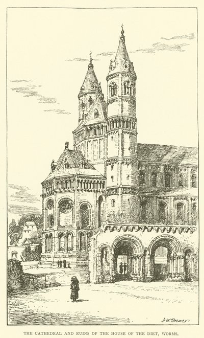 Katedrála a ruiny sněmovního domu, Worms (rytina) od Henry William Brewer