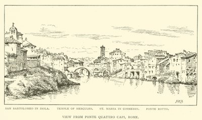 Pohled z Ponte Quattro Capi, Řím (rytina) od Henry William Brewer