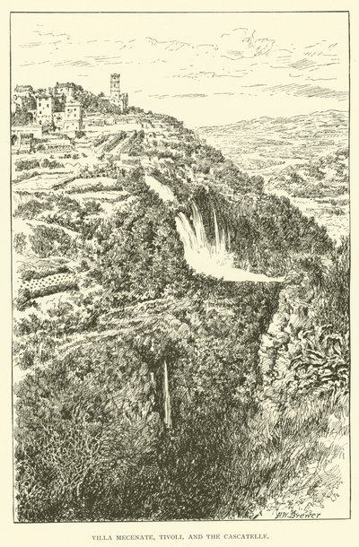 Villa Mecenate, Tivoli a Cascatelle (rytina) od Henry William Brewer