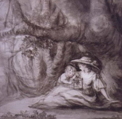 Sedící žena a dítě s ptákem v kleci, (kresba) od Henry William Bunbury