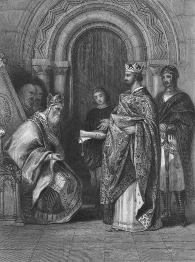 Anglický král Jindřich II. při předávání papežské buly z roku 1155, která mu umožnila vtrhnout do Irska a vládnout mu. od Henry after Warren
