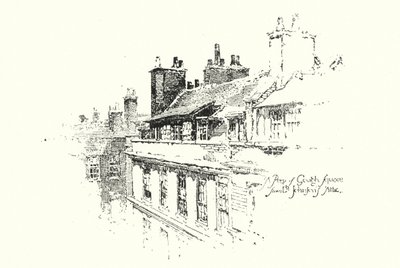 Pohled na Gough Square, Londýn, z podkroví Dr Johnsona (litho) od Herbert (after) Railton