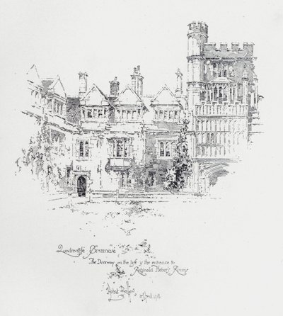 Brasenose College, Oxford, ukazující vchod do pokojů anglického duchovního a spisovatele Reginalda Hebera (litho) od Herbert (after) Railton
