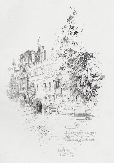Brasenose College, Oxford, ukazující pokoj anglického duchovního a spisovatele Reginalda Hebera (litho) od Herbert (after) Railton