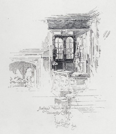 Sedadlo anglického básníka Percy Bysshe Shelley u okna na University College v Oxfordu (litho) od Herbert (after) Railton