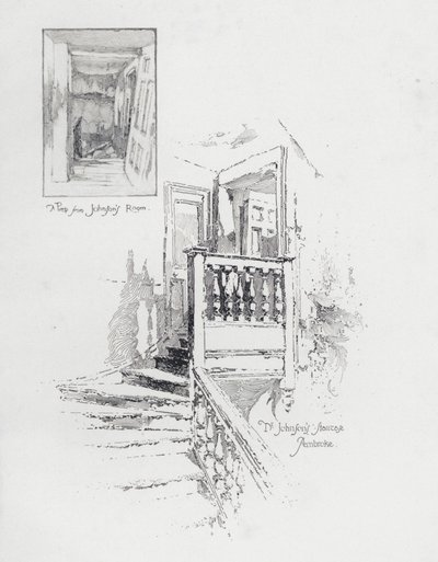 Pokoj a schodiště anglického spisovatele Samuela Johnsona, Pembroke College, Oxford (litho) od Herbert (after) Railton
