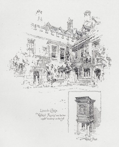 Kazatelna používaná anglickým metodistickým kazatelem Johnem Wesleym a jeho pokoji na Lincoln College v Oxfordu (litho) od Herbert (after) Railton