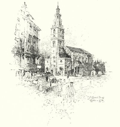 Kostel St Clement Dane, Londýn, v roce 1774 (litho) od Herbert (after) Railton