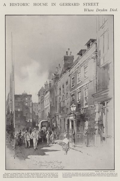 Dům na Gerrard Street v Londýně, kde v roce 1700 zemřel básník John Dryden (litho) od Herbert (after) Railton
