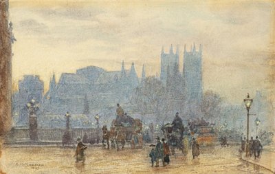 Westminsterské opatství z Westminsterského mostu 1892 (akvarel) od Herbert Menzies Marshall