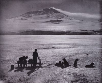 Sáně a psi, s horou Erebus v pozadí (černobílá fotografie) od Herbert Ponting
