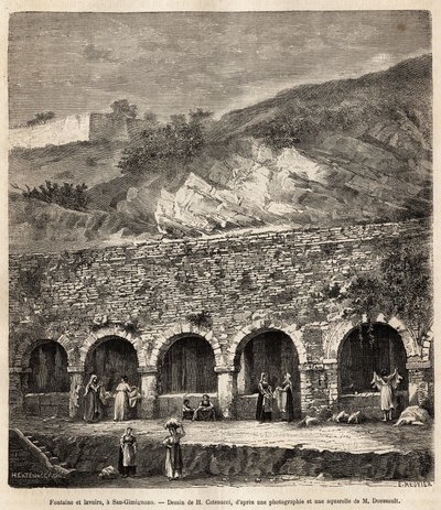 Ženy u fontány a mycích zařízení v San Gimignano (Toskánsko, Itálie). Rytina podle kresby H. Catenacciho, pro ilustraci cesty do Toskánska a Umbrie, od Francise Weye, v roce 1875, publikovaná v „”Le tour du monde”””” 1876, editoval Edouard Cha od Hercule (after) Catenacci