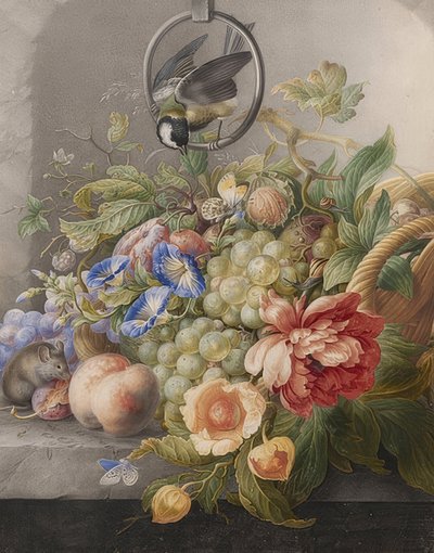 Zátiší s květinami, plody, sýkorou koňakou a myší. Kolem 1700-10 od Herman Henstenburgh