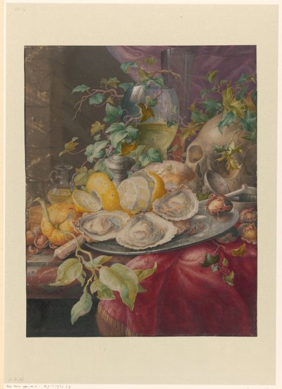 Vanitas zátiší s ústřicemi a lebkou od Herman Henstenburgh