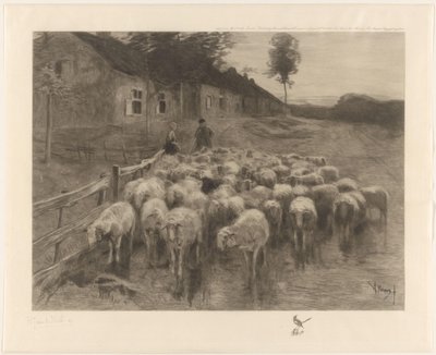 Pastýř a žena se stádem ovcí od Herman Johannes van der Weele (signed by artist)