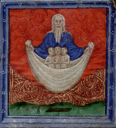 Bůh Otec se třemi dušemi byl vzkříšen z mrtvých Kniha hodin, kolem roku 1410 od Herman Scheerre