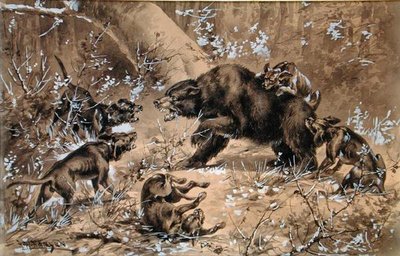 Bear Hunt (akvarel a čínská bílá na papíře) od Herman Wendleborg Hansen