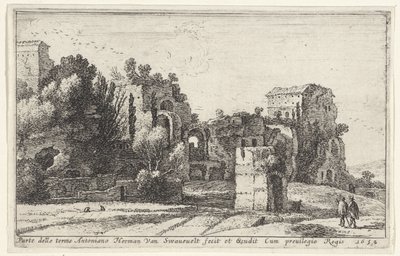 Pohled na lázně Caracalla Parte delle terme Antoniano (název na předmětu) Titulní strana a dvanáct pohledů na Řím a jeho okolí (název série) Diverse veuës dedans et dehors de Rome (název série) od Herman van Swanevelt