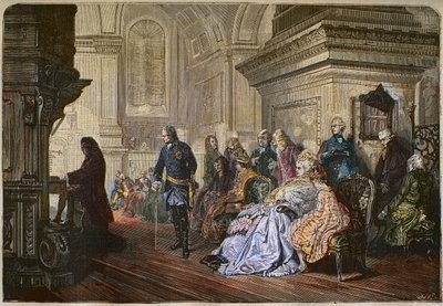 Pruský král Fridrich II. Veliký (1712-1786) poslouchá skladatele Jeana Sebastiana Bacha hrajícího na kurtu, rytina podle Kaulbachova obrazu - Fridrich II. Veliký, pruský král, poslouchá Johanna Sebastiana Bacha u varhan, Sanssouci od Hermann Kaulbach
