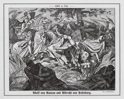 Adolf Nasavský a Albert I. Habsburský v bitvě u Gollheimu od Hermann Pluddemann