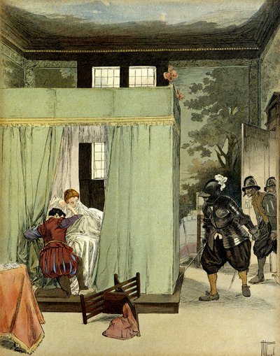Protestantský gentleman najde útočiště v posteli francouzské královny Marguerite de Valois známé jako královna Margot (1553-1615) na den svatého Bartoloměje (Saint-Barthelemy) 24. srpna 1572. Ilustrace Hermann Vogel (1856-1918) v ""Henri IV"" od Hermann Vogel