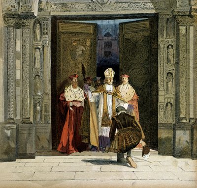 Abjurace Jindřicha IV. (1553-1610) v opatství Saint Denis za přítomnosti oblouku Bourges, Renaud de Beaune (1527-1606). Král se 25. července 1593 vzdal protestantismu. Ilustrace Hermann Vogel (1856-1918) v „“ Henri IV““ od Hermann Vogel